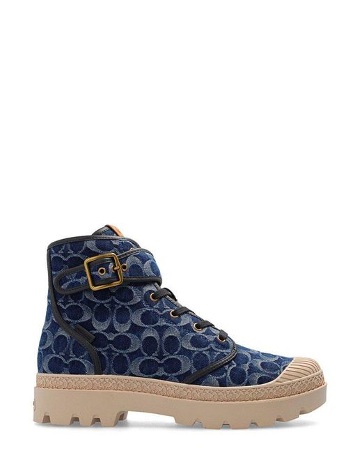 COACH Blue Trooper Buckled Monogram Pattern Lace-up Boots for men