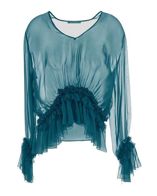 Alberta Ferretti Blue Asymmetric Ruffled Top