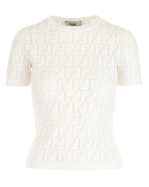 Fendi White Ff Motif Knit Short-sleeved Top