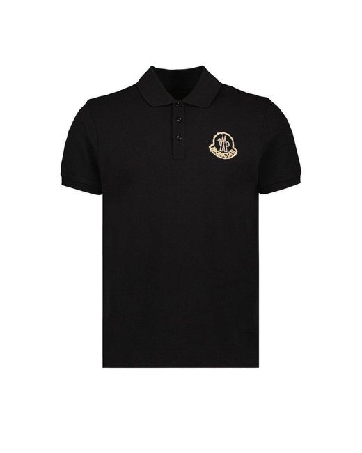 Moncler Black Logo Embroidered Ribbed Collar Polo Shirt for men