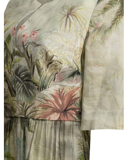 Elie Saab Green Printed Linen And Silk Midi Dress Oasis Ii38 Linen