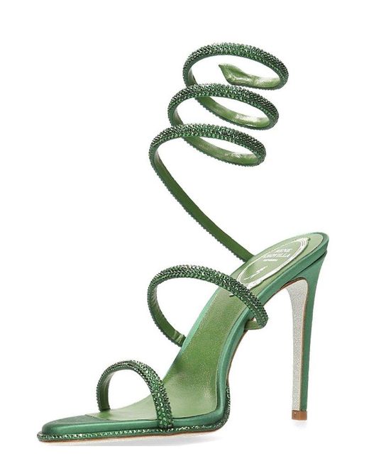 Rene Caovilla Green René Caovilla Embellished Spiral Strap Heeled Sandals
