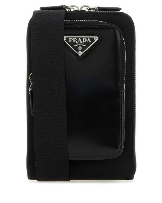 Prada Black Brushed Leather And Re-Nylon Phone Case for men