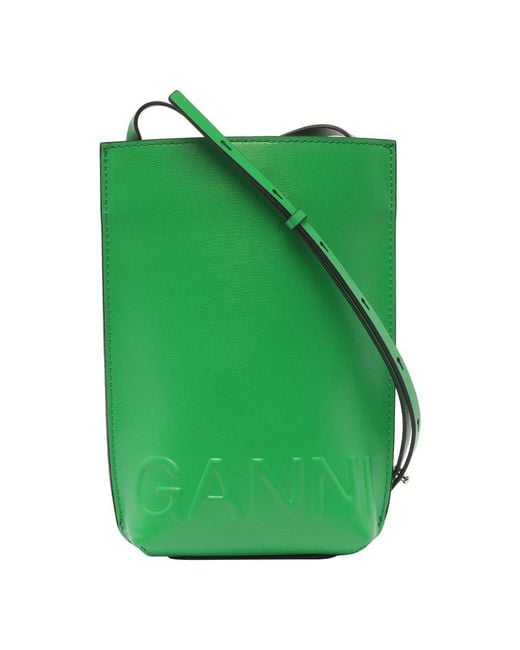 Ganni Green Logo Embossed Strapped Crossbody Bag