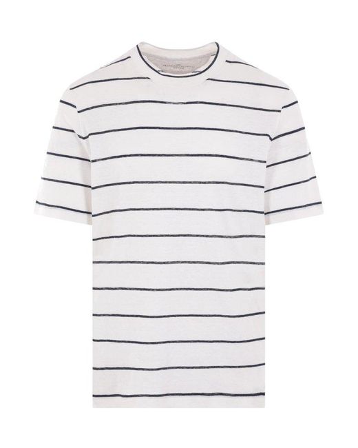 Brunello Cucinelli White Striped Crewneck T-shirt for men