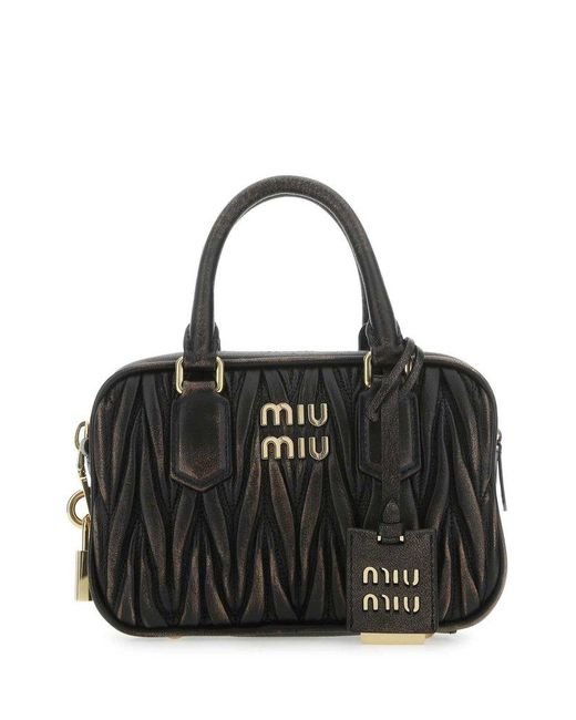 Miu Miu Matelasse Logo Plaque Mini Tote Bag in Black Lyst