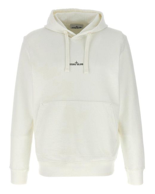 Stone Island Logo Printed Drawstring Hoodie in White for Men Lyst