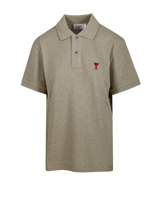 AMI Gray Paris De Coeur Logo Embroidered Short-sleeved Polo Shirt for men
