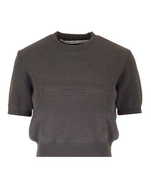Alexander Wang Gray Cropped Crew Neck Sweater T-shirt Black