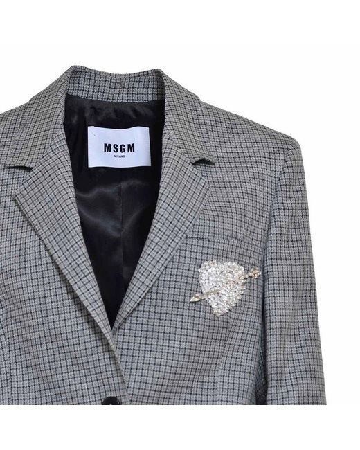 MSGM Gray Embellished Single Breasted Checked Blazer