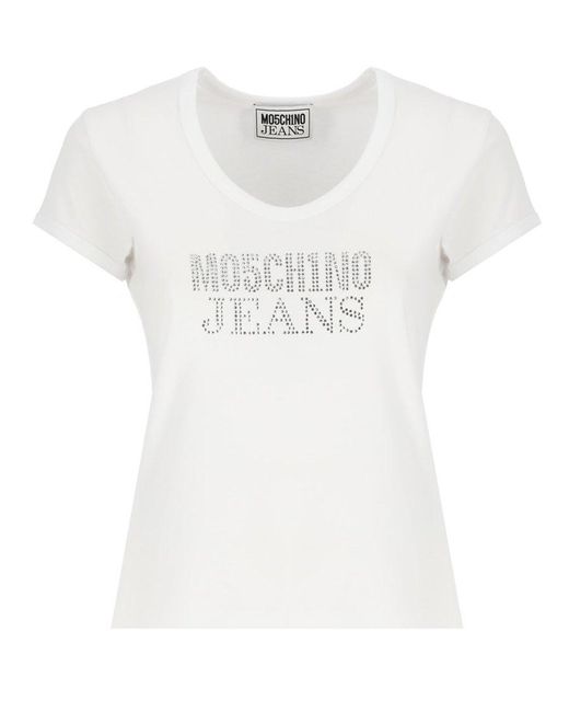 Moschino White Jeans Logo-embellished Crewneck T-shirt