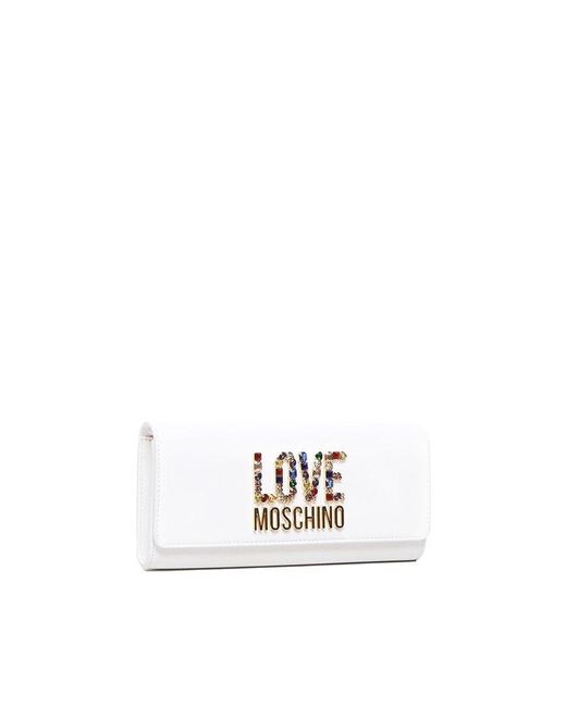 Love Moschino White Logo-lettering Chain-linked Clutch Bag