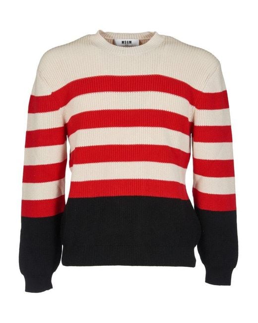 MSGM Red Striped Crewneck Knitted Jumper for men