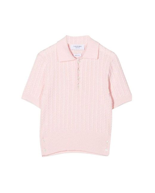 Thom Browne Cable Knit Polo Shirt in Pink Lyst