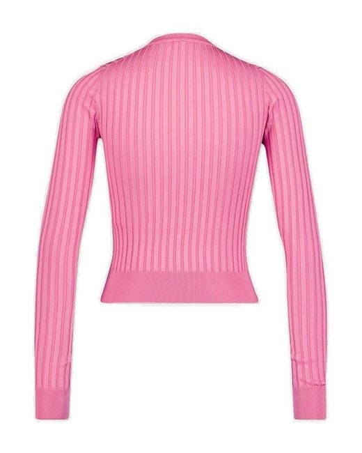 Dolce & Gabbana Pink Logo Plaque Cropped Ribbed Sweater
