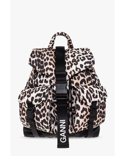 Ganni Black Leopard Print Backpack,