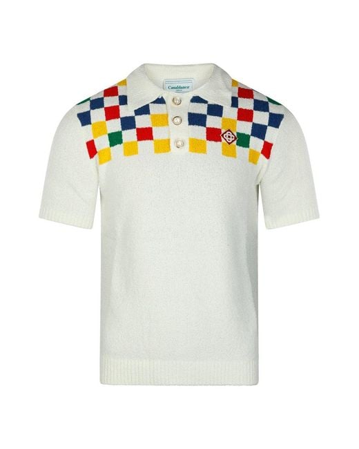 CASABLANCA White Logo Patch Check Panelled Knitted Polo Shirt for men