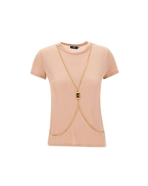 Elisabetta Franchi Pink Crossbody Chain Crewneck T-shirt