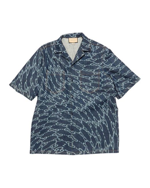 Gucci Blue Wavy GG Laser Print Denim Shirt for men