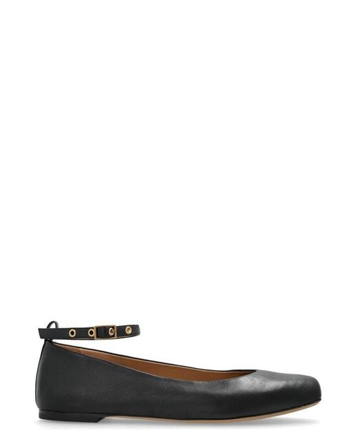 Emporio Armani Black Square Toe Buckle Detailed Ballet Flats