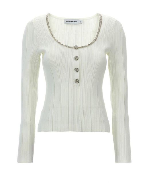 Self-Portrait White Embellished Knit Top