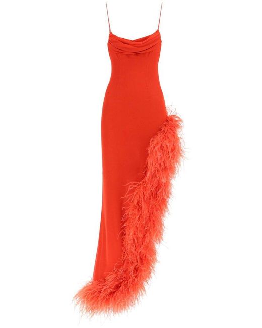 Alessandra Rich Red Silk Evening Dress With Feathers