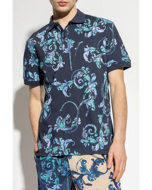 Versace Jeans Couture Blue Barocco Print Short-Sleeved Polo Shirt for men