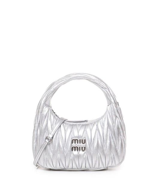 Miu Miu White Wander Matelassé Logo Plaque Mini Hobo Bag