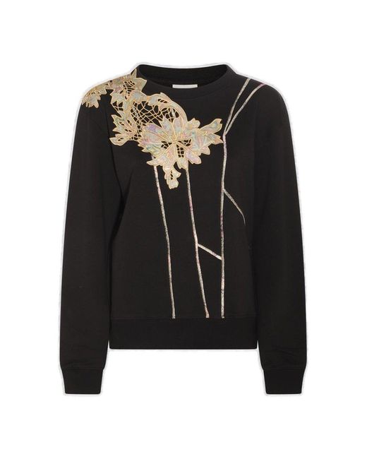 Dries Van Noten Black Floral Detailed Crewneck Sweatshirt