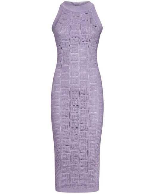 Balmain Purple Monogrammed Openwork Knit Midi Dress