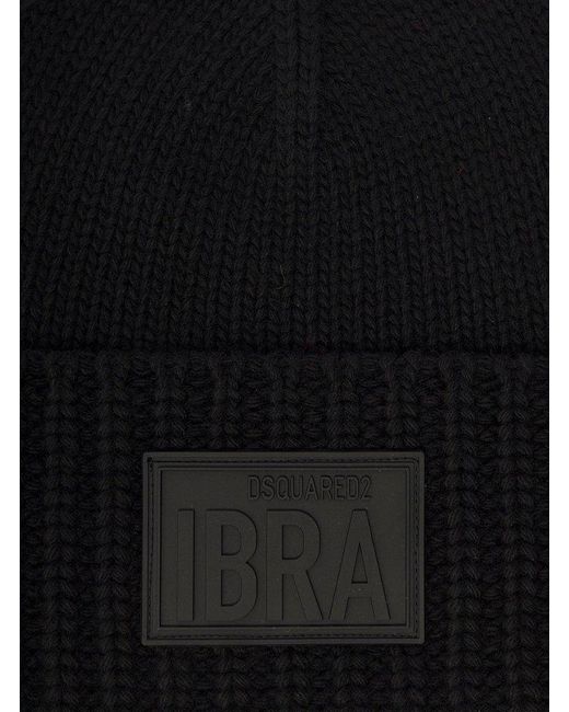 DSquared² Black Logo-patch Knit Beanie Hat for men