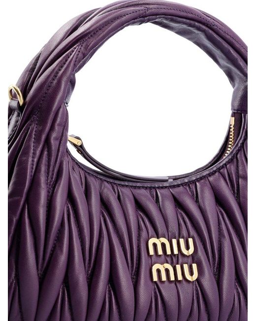 Miu Miu Purple Wander Matelassé Logo Plaque Mini Hobo Bag
