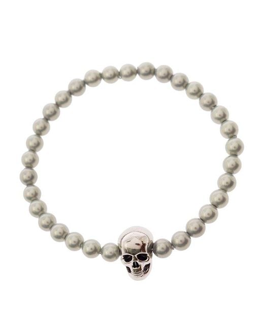 Alexander McQueen White Colored Beaded Bracelet With Skull Charm for men