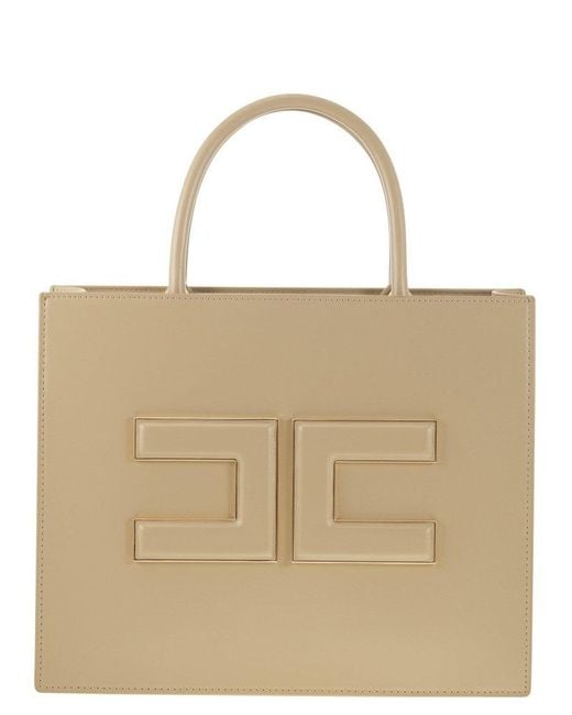 Elisabetta Franchi Natural Medium Shopper With Logo Plaque