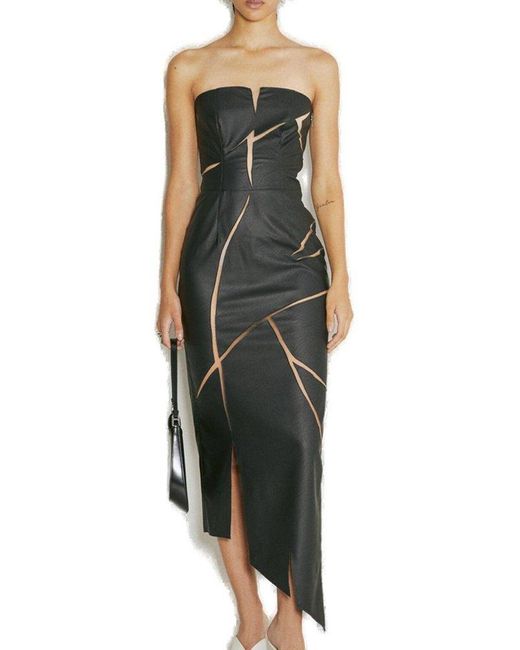 Parsa Color Block Crepe Asymmetric Twist Midi Dress