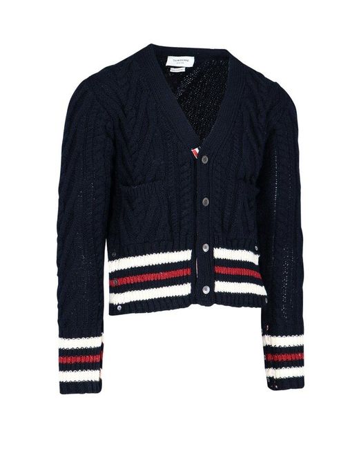 Thom Browne Blue Striped Cable Knit Cardigan for men