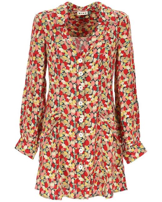 Rixo Red Floral Printed Long-sleeved Dress