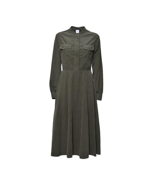 Aspesi Green Ribbed Cotton Velvet Midi Chemisier Dress