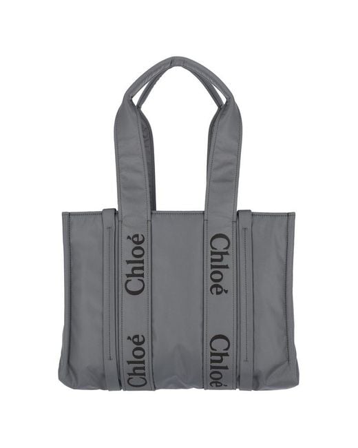 Chloé Gray Woody Medium Tote Bag Premium Leather, Raffia Canvas.