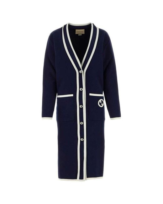 Gucci Blue Gg Logo Embroidered V-Neck Cardigan Dress