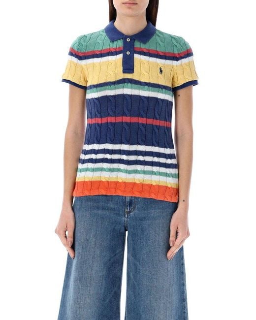 ★★POLO RALPH LAUREN★★ W Stripe Cable Knit Polo Shirt Mul Polo Ralph Lauren Striped Cable Knit Polo Shirt in Blue | Lyst
