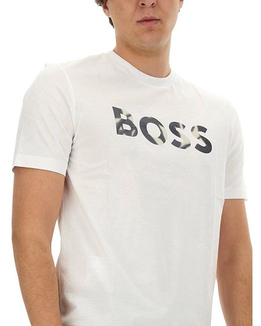 Boss White Logo Printed Crewneck T-Shirt for men
