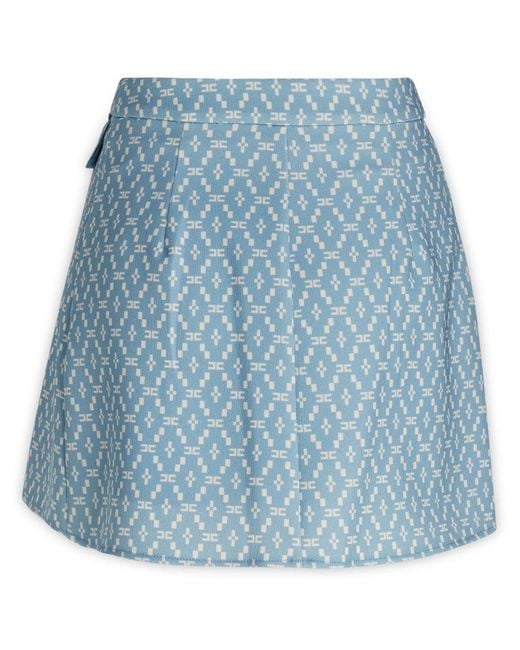 Elisabetta Franchi Blue Logo Printed Buttoned Mini Skirt