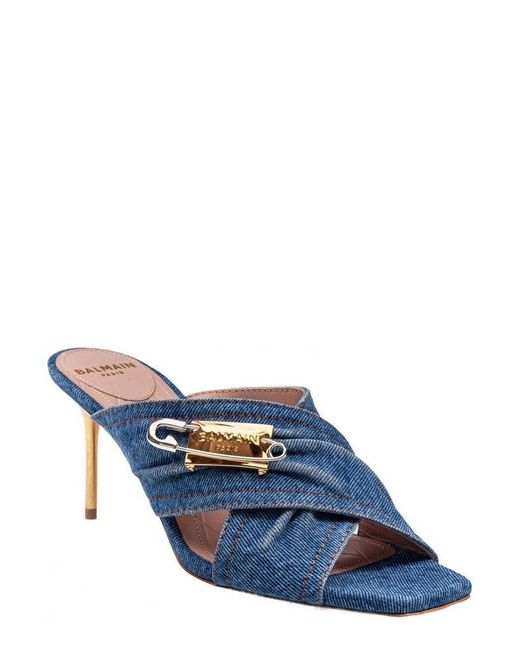 Balmain Blue Denim Safety Pin Mules