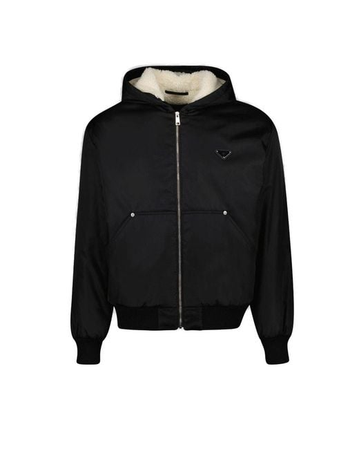 Prada Black Re-Nylon Triangle-Logo Zipped Hooded Jacket for men