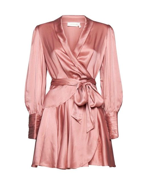 Zimmermann Pink Belted Wrap Long-sleeved Dress
