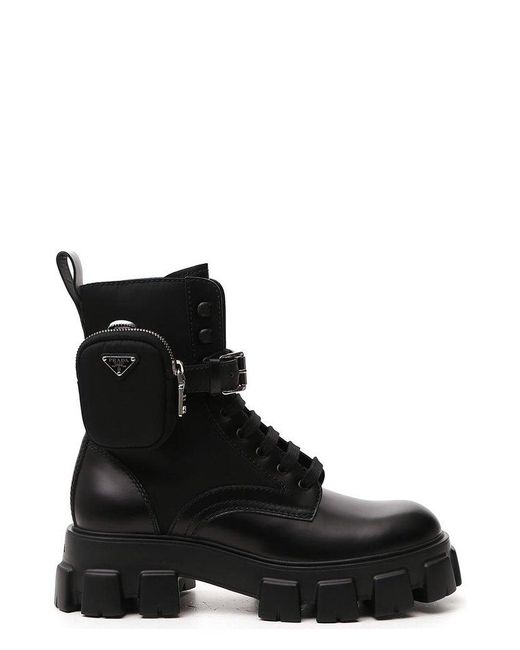 Prada Leather Strapped Pouch Combat Boots in Black for Men - Lyst