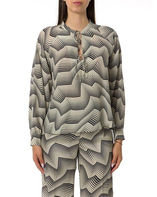 Marella Gray Lush Foliage Printed Tie-Up Collor Blouse