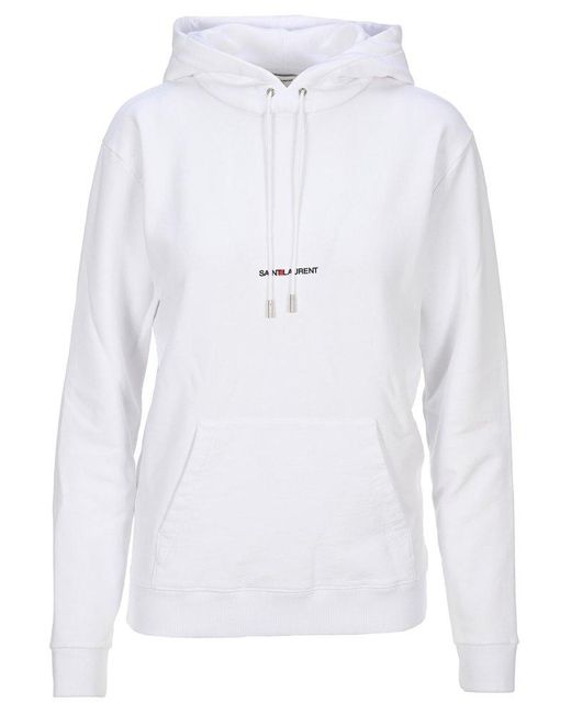Saint Laurent White Logo Embroidered Long-sleeved Hoodie