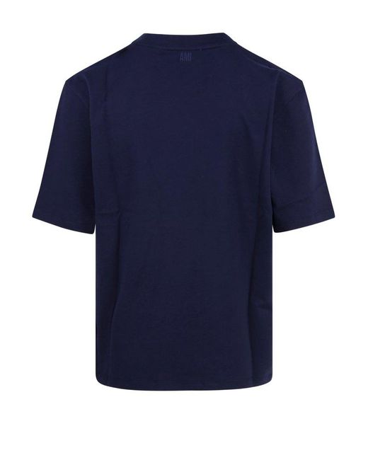 AMI Blue Paris De Coeur Logo Embroidered Crewneck T-shirt for men